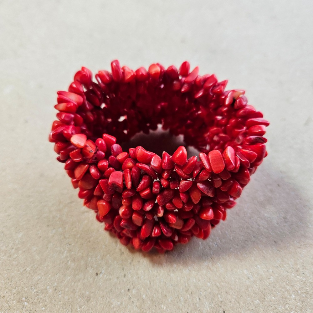 Vintage‎ Red Coral Chip Stretch Bracelet Wide Chunky Cuff Statement